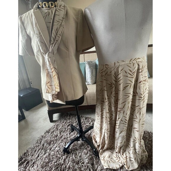 3 Piece Kasper ASL Suit Jacket Top Skirt Size 10 with Floral Tan Career Feminine - Picture 3 of 11